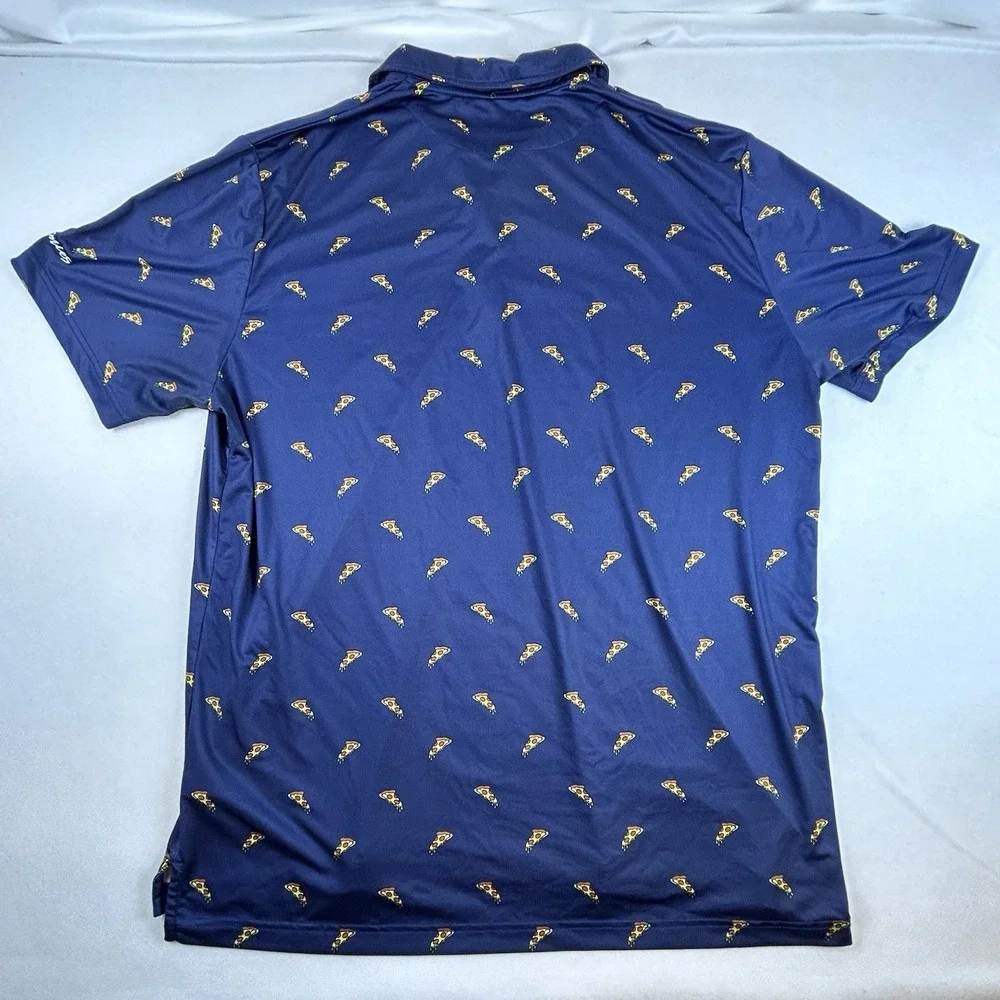 Bermies Polo Shirt Mens XL Blue Pizza All Over Print Golf Performance‎ Whimsy